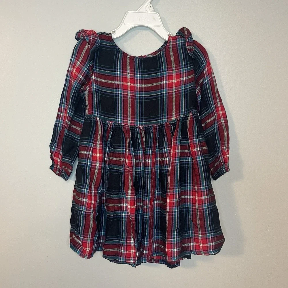 OshKosh Red Navy Plaid Party Dress‎ Gold Thread Size 2T EUC Holiday Pictures